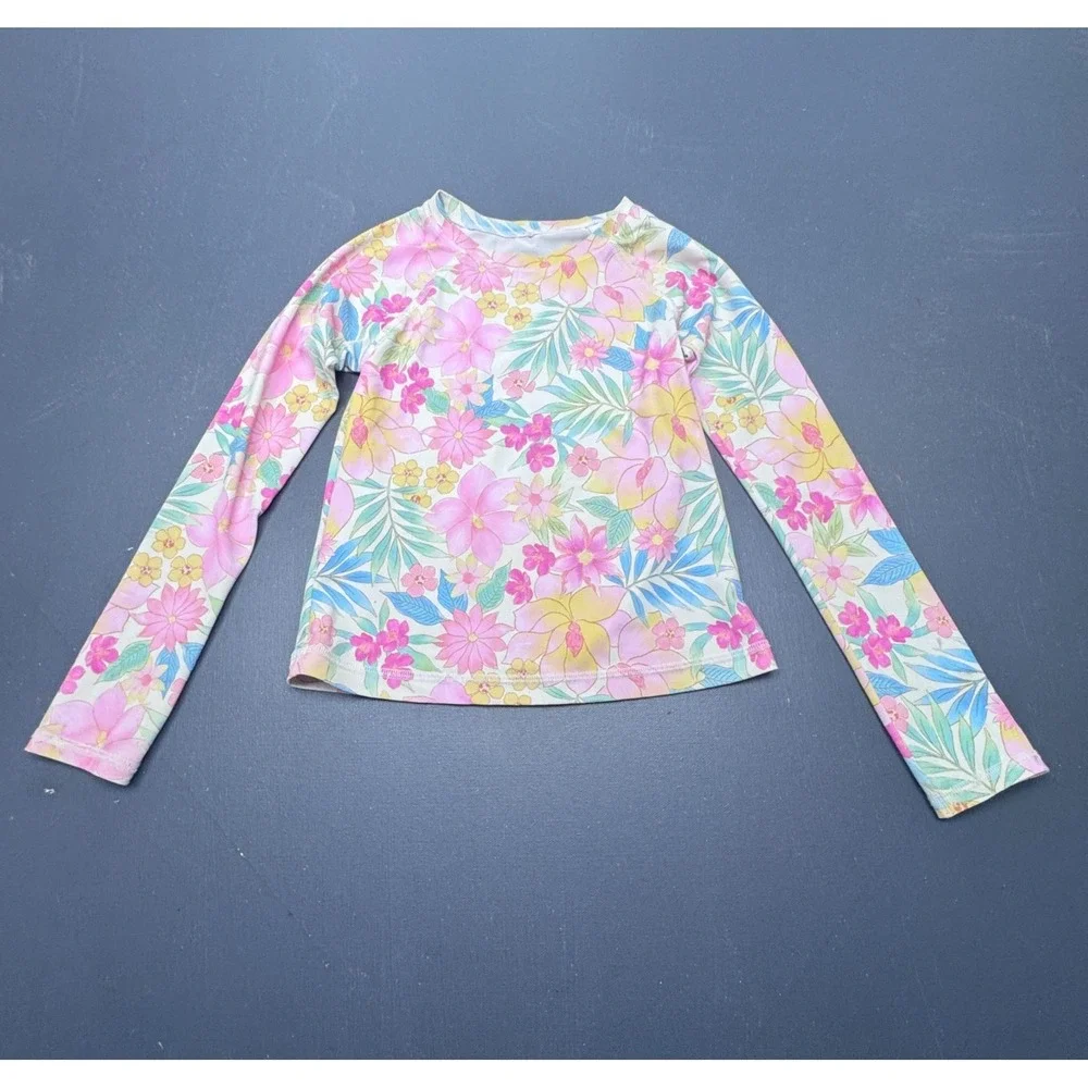 Billabong Girls Size 6 Pink Floral Tropical Rash Guard Long Sleeve Swim Shirt